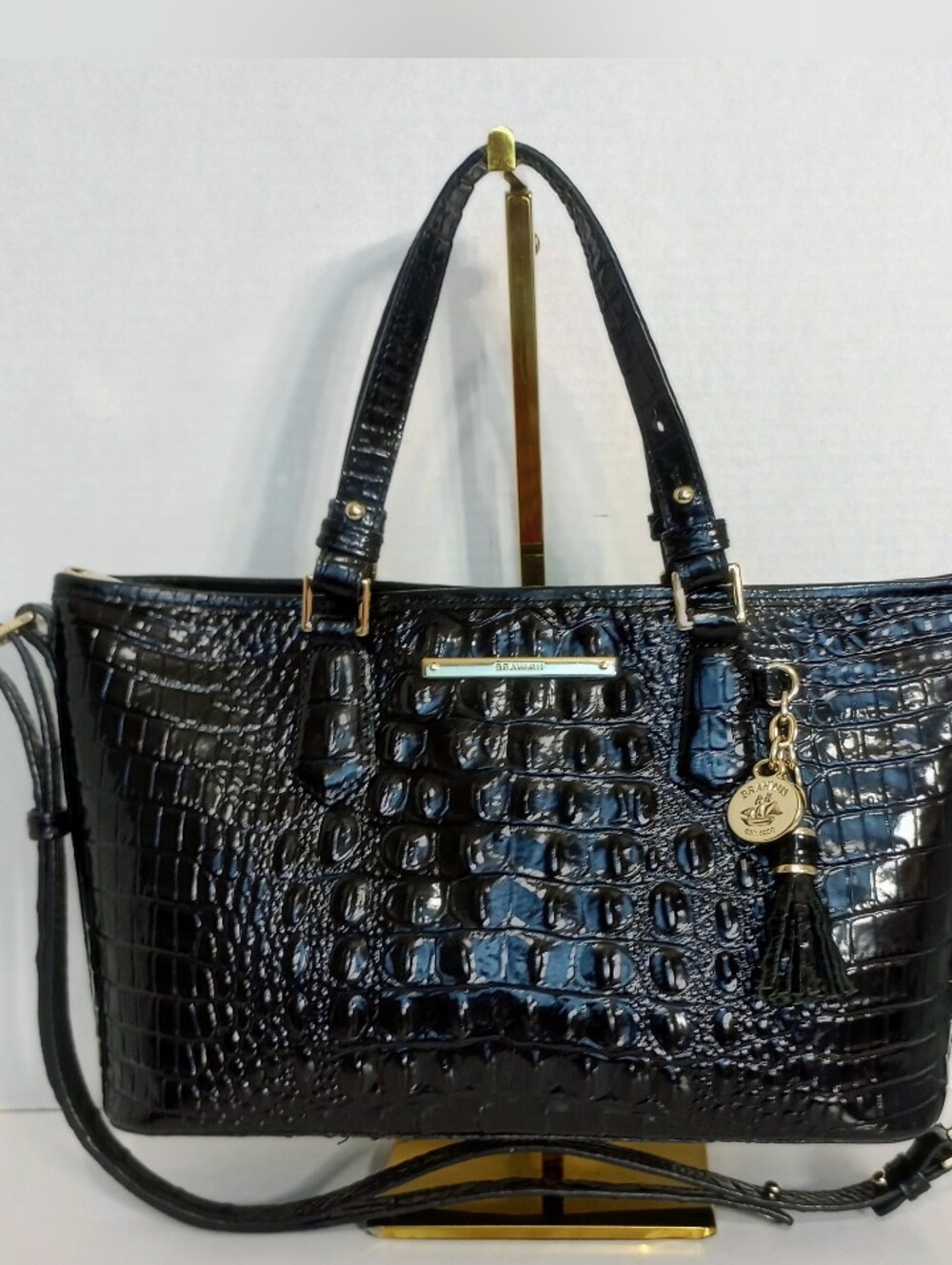Brahmin Black Melbourne Mini Asher Crocodile Embossed Leather Crossbody Satchel